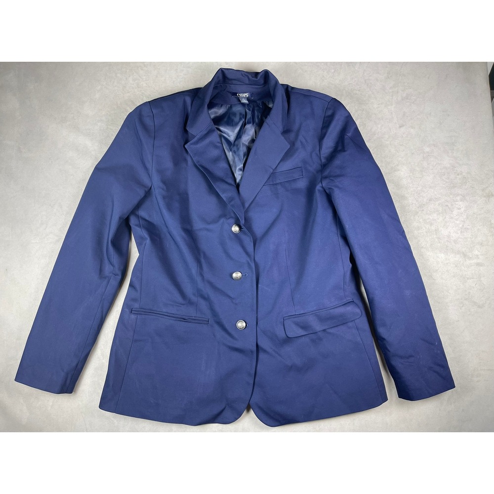 Chaps Womens Navy Blue 3-Button Crest Schoolboy Blazer Jacket Size 16 Stretch